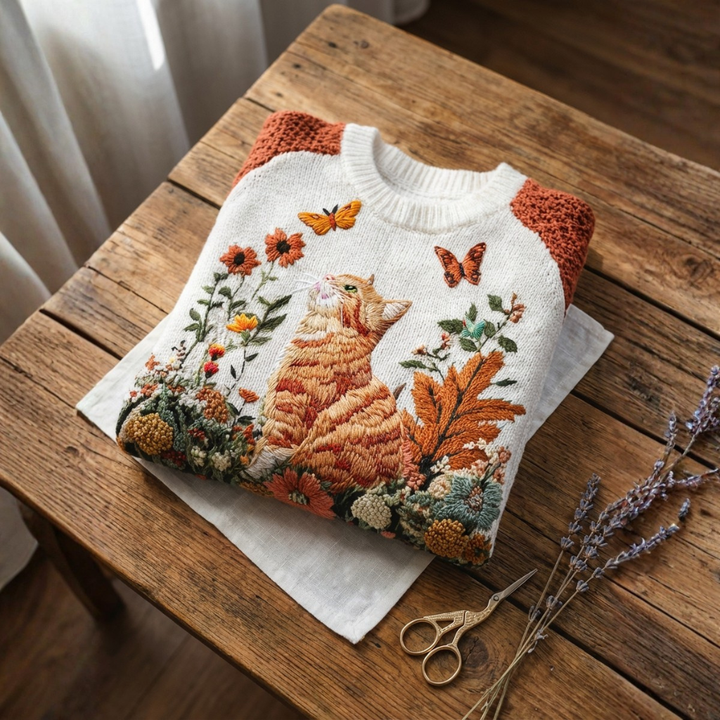 Cotton Sweater Cream With Orange Cat & Butterfly Flower Design