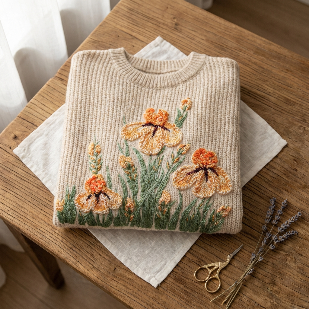 Cotton Sweater Cream With Orange Iris Flower Design