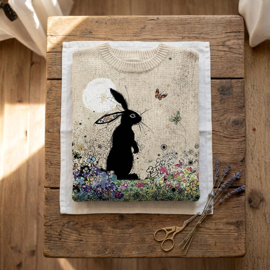 Cotton Sweater Cream With Rabbit & Wildflower Design