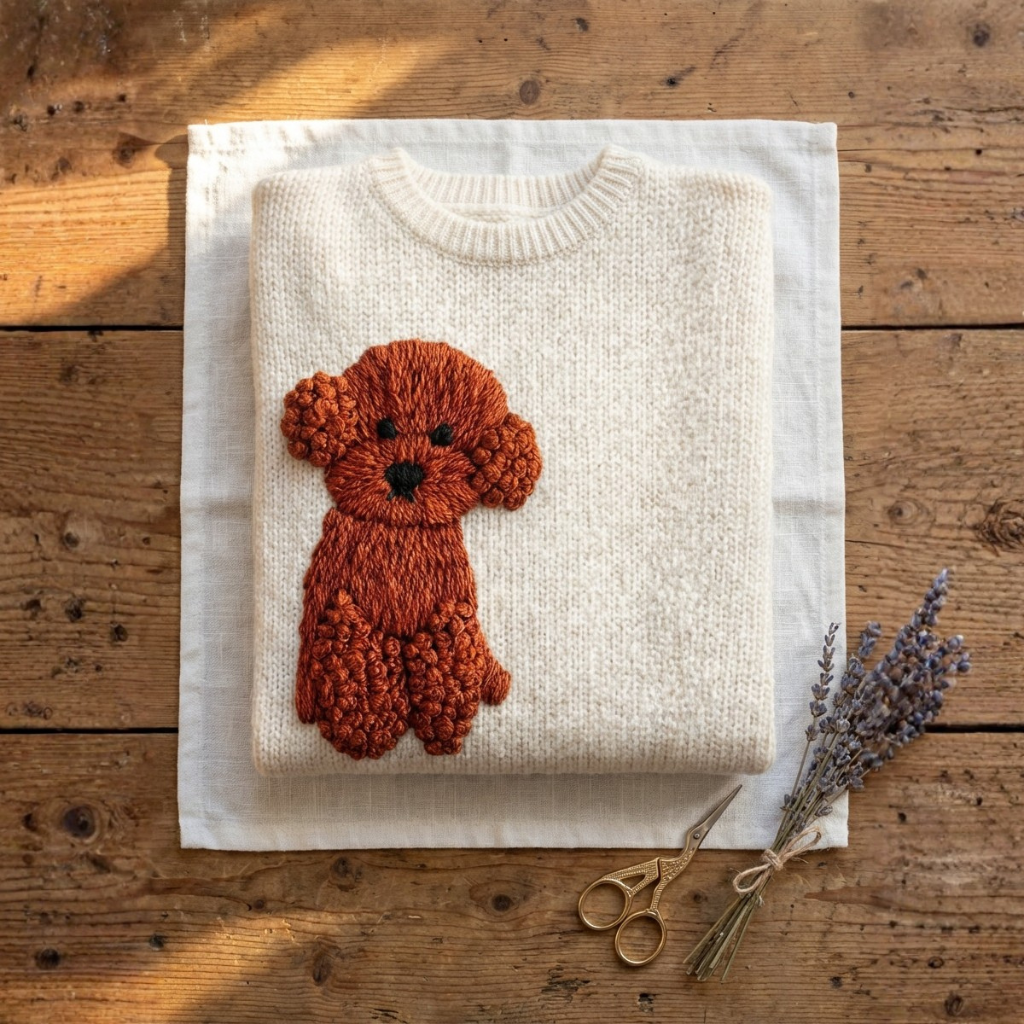 Cotton Sweater Cream With Red Poodle Design