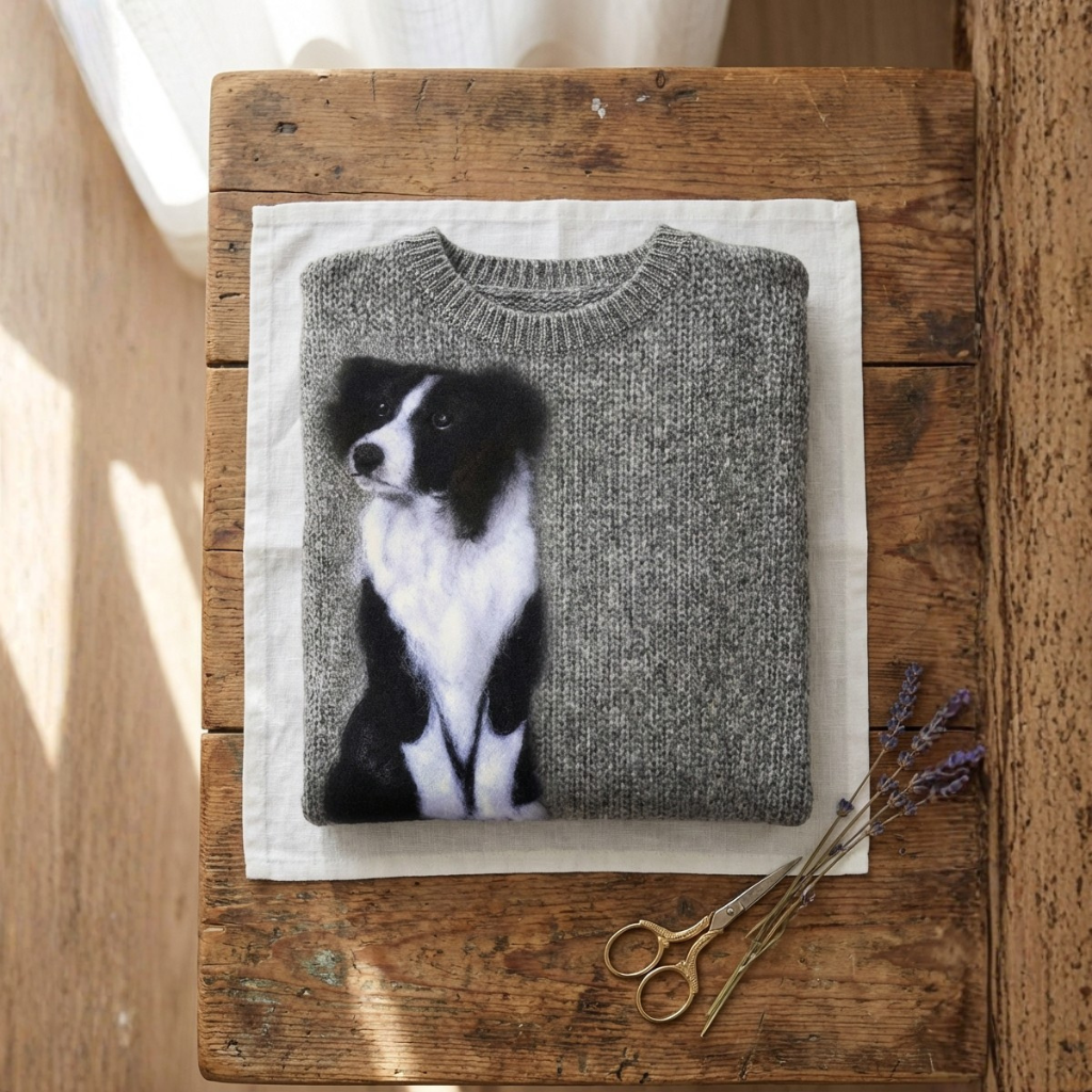 Cotton Sweater Gray With Border Collie Design