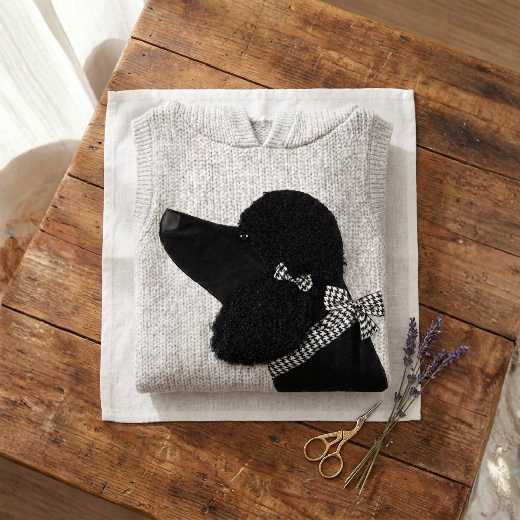 Cotton Sweater Gray With Poodle & Houndstooth Bow Design
