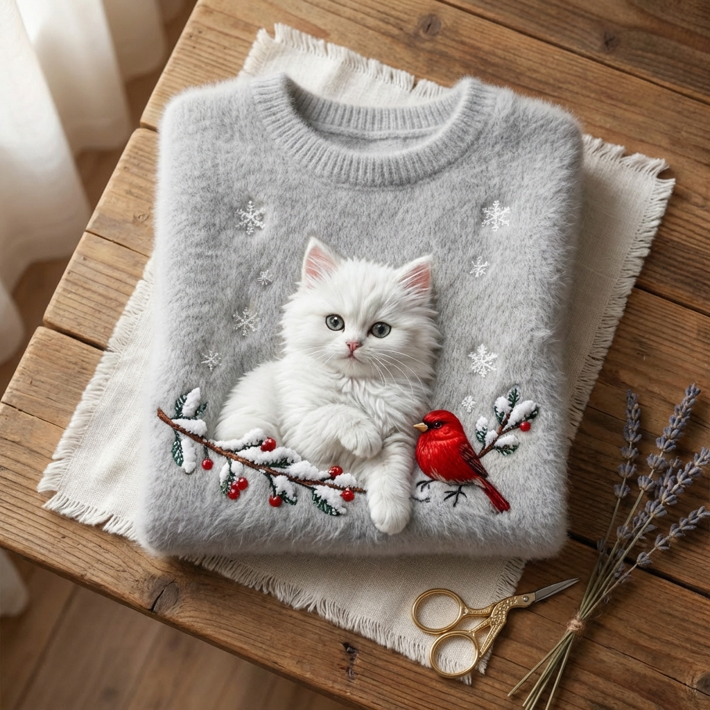 Cotton Sweater Gray With White Cat & Cardinal Design