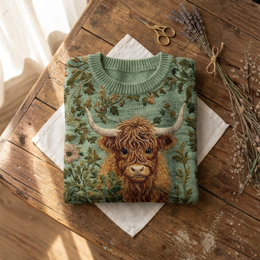 Cotton Sweater Green With Highland Cow & Forest Pattern