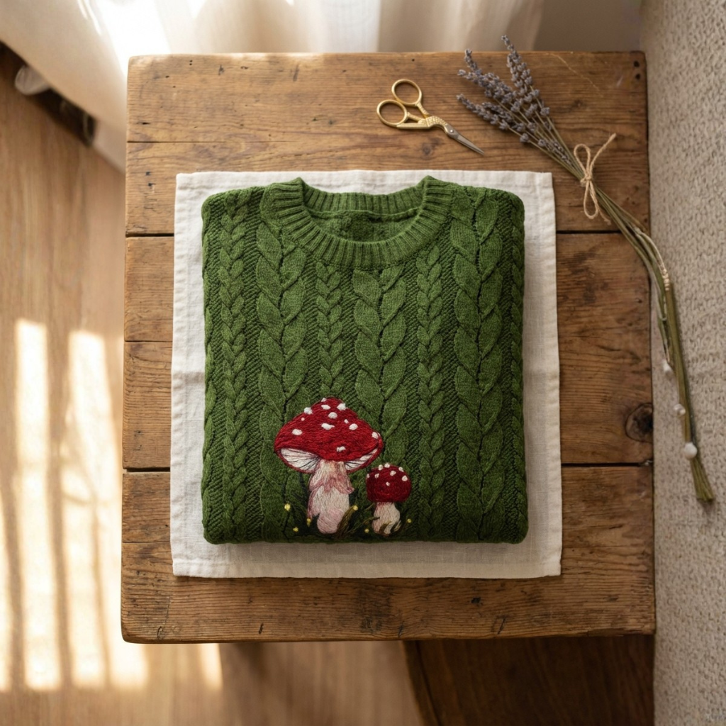 Cotton Sweater Green With Mushroom Cable Knit Design