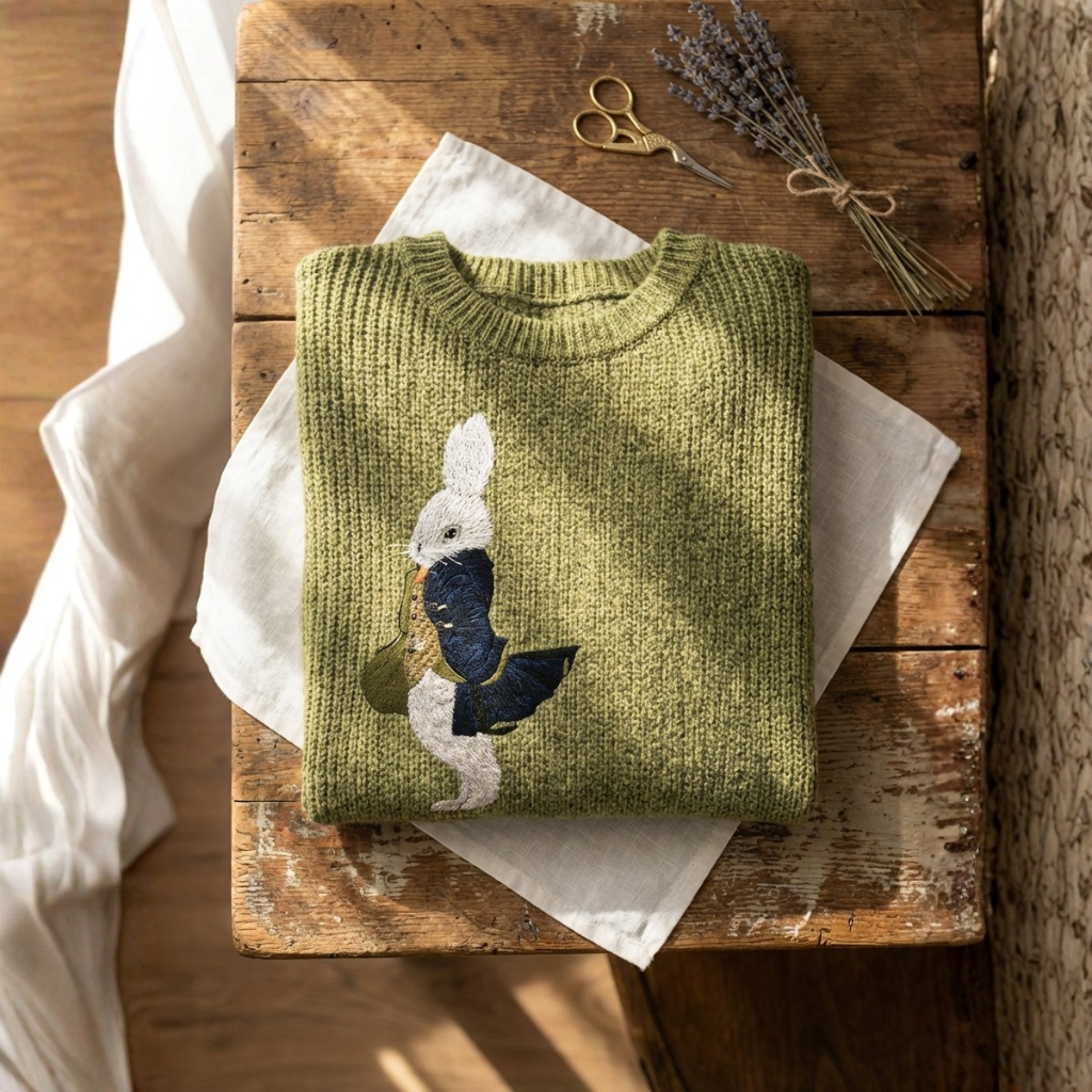 Cotton Sweater Green With Rabbit In Jacket Design