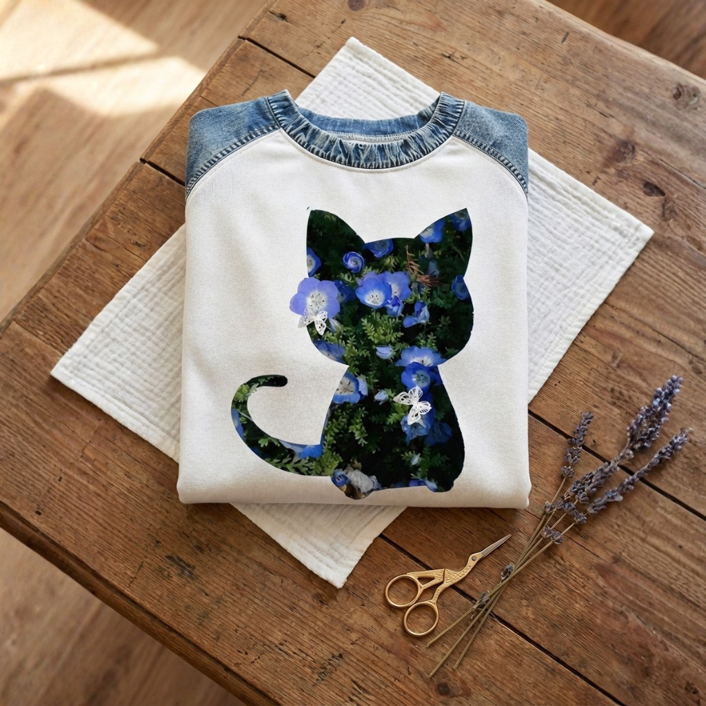 Cotton Sweater Lavender With Cat & Blueflower Design
