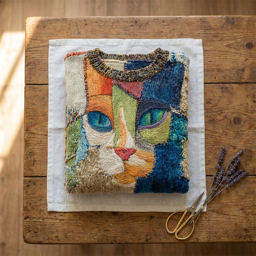 Cotton Sweater Multicolor With Abstract Cat Design
