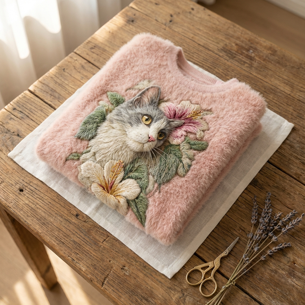 Cotton Sweater Pink With Gray Cat & Flower Design