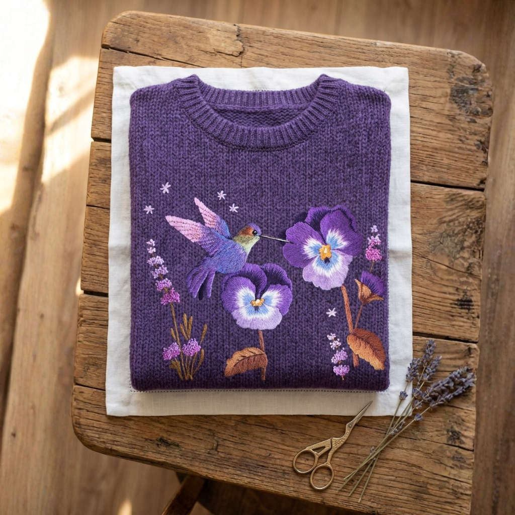 Cotton Sweater Purple With Hummingbird & Pansy Design