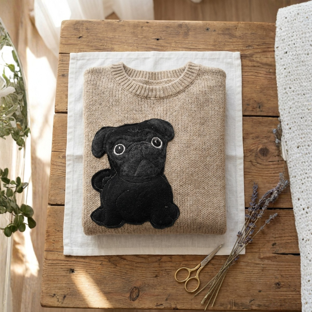 Cotton Sweater Tan With Black Pug Design