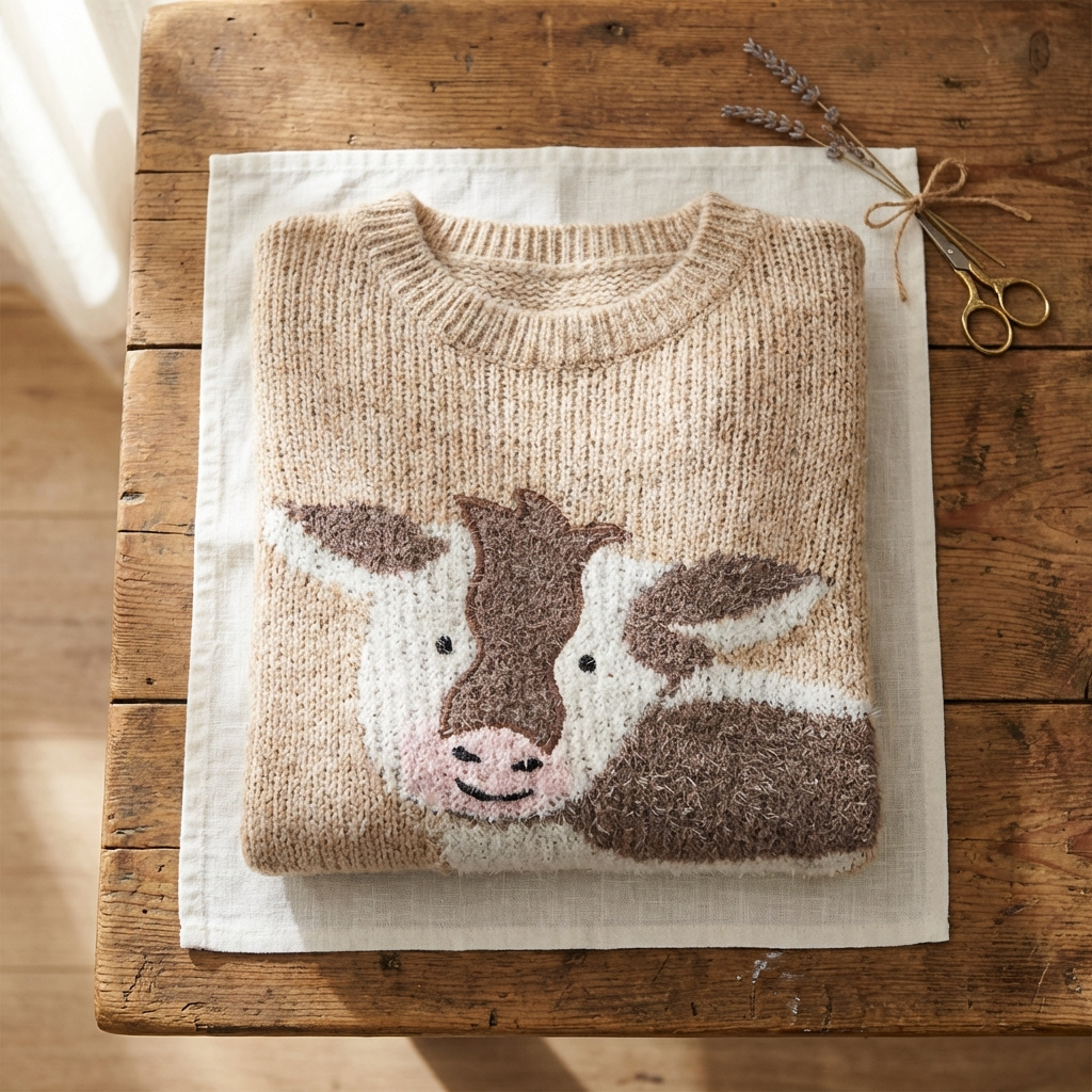 Cotton Sweater Tan With Cow Face Design