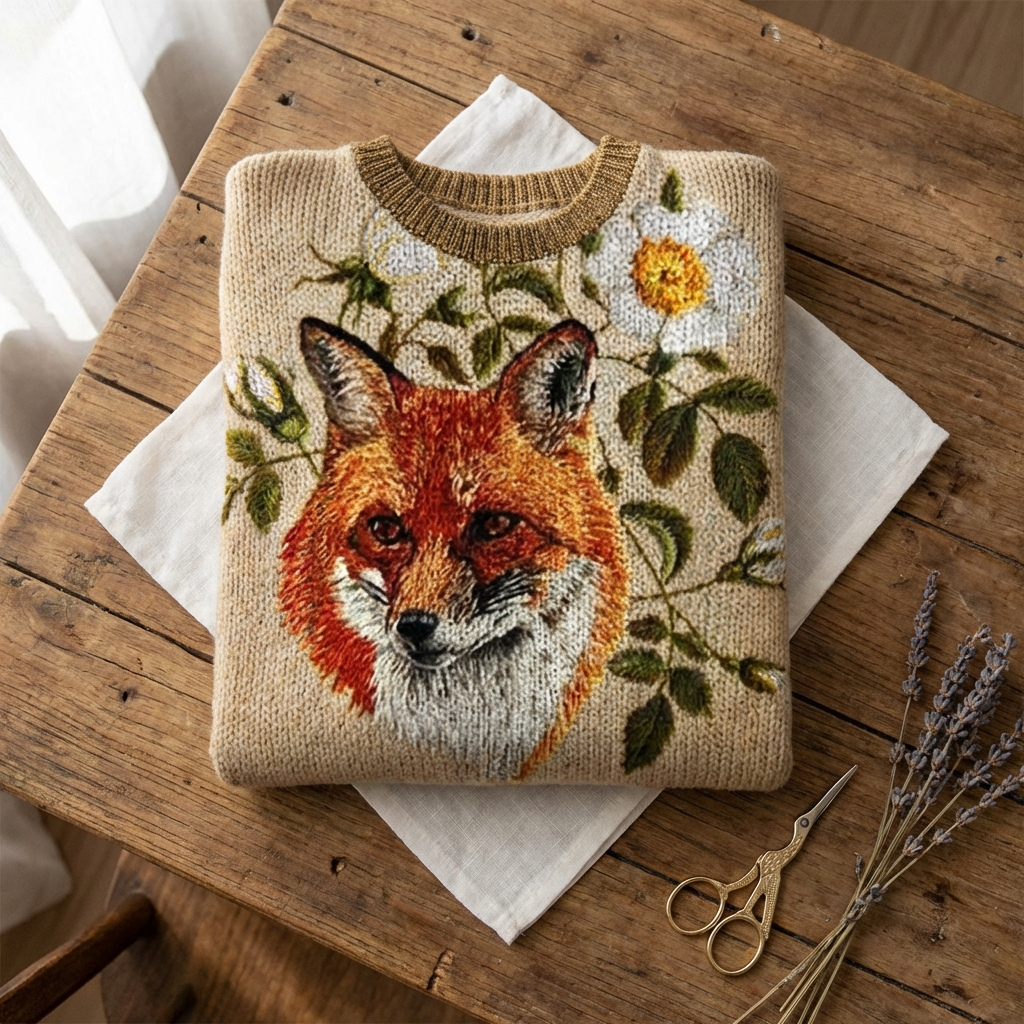Cotton Sweater Tan With Fox & Daisy Design