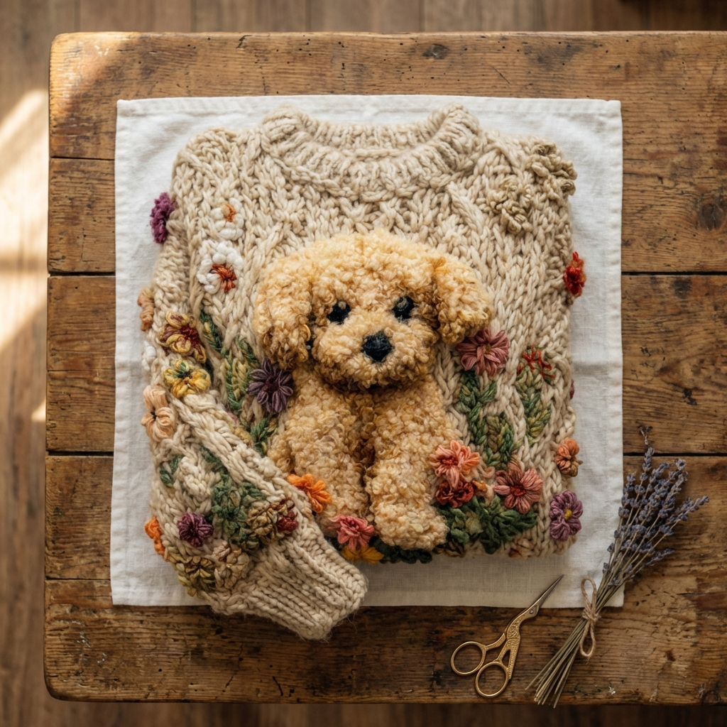 Cotton Sweater Tan With Goldendoodle & Flower Pattern