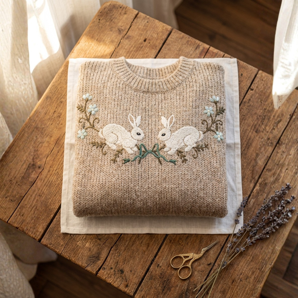Cotton Sweater Tan With Rabbit Bow Pattern