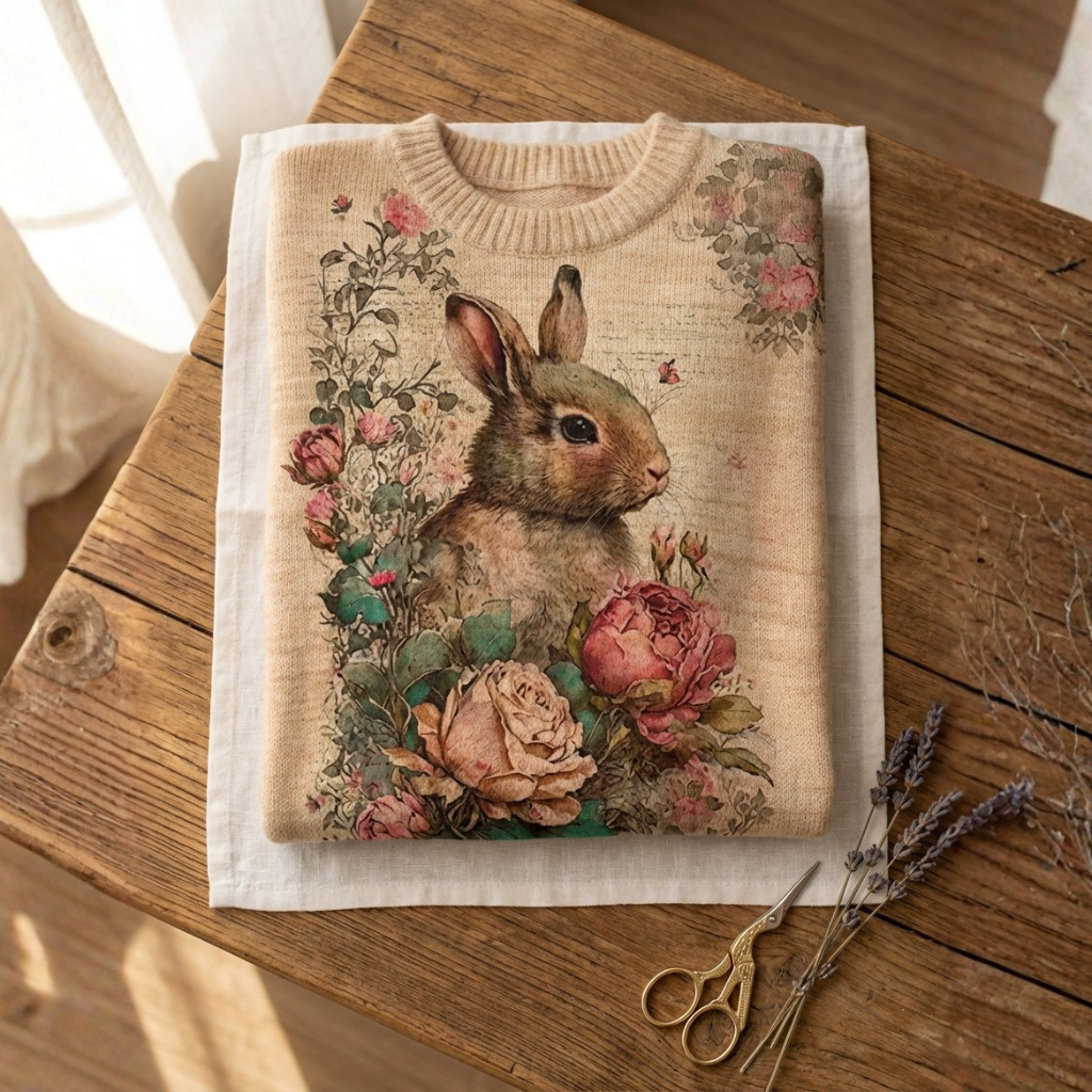 Cotton Sweater Tan With Rabbit & Rose Flower Design