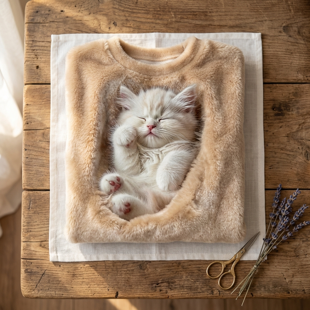 Cotton Sweater Tan With Sleeping Cat Design