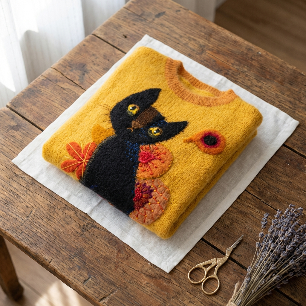 Cotton Sweater Yellow With Black Cat & Flower Design