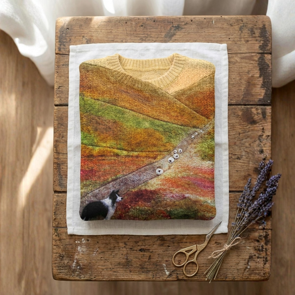 Cotton Sweater Yellow With Landscape & Border Collie Design