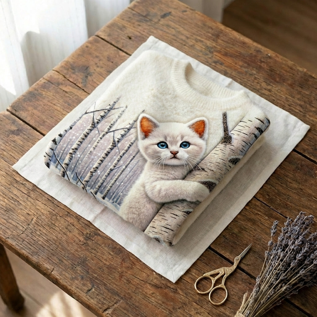 Cotton Sweater With White Cat And Birch Tree
