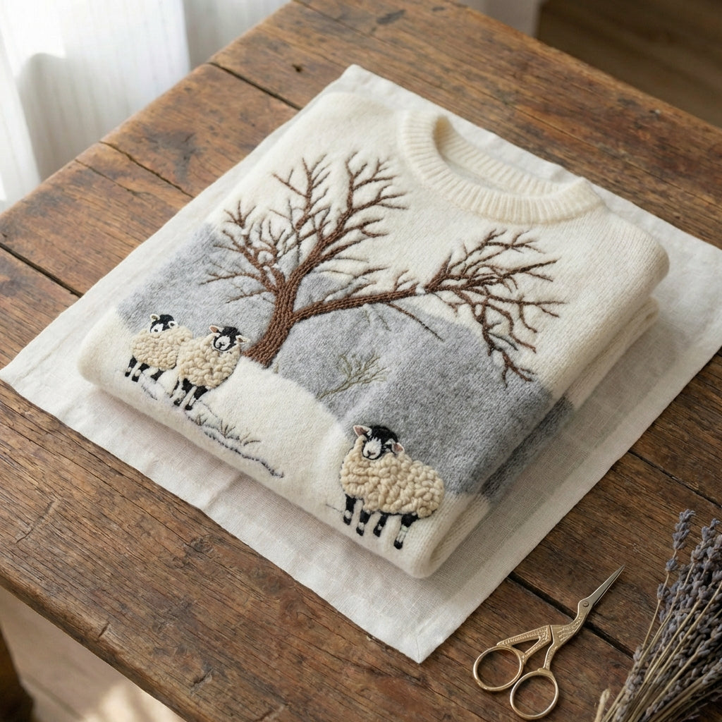 Cotton Sweater With Winter Sheep And Bare Tree Scene