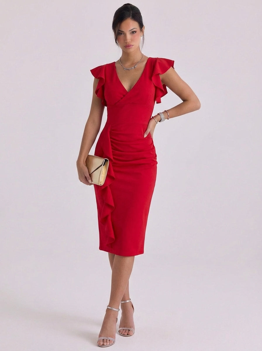 Crepe Ruffle Sleeve Bodycon Midi Dress