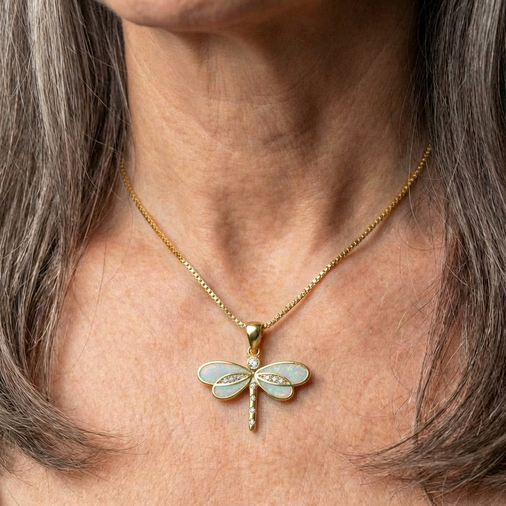 Dragonfly Necklace In Gold With Opal
