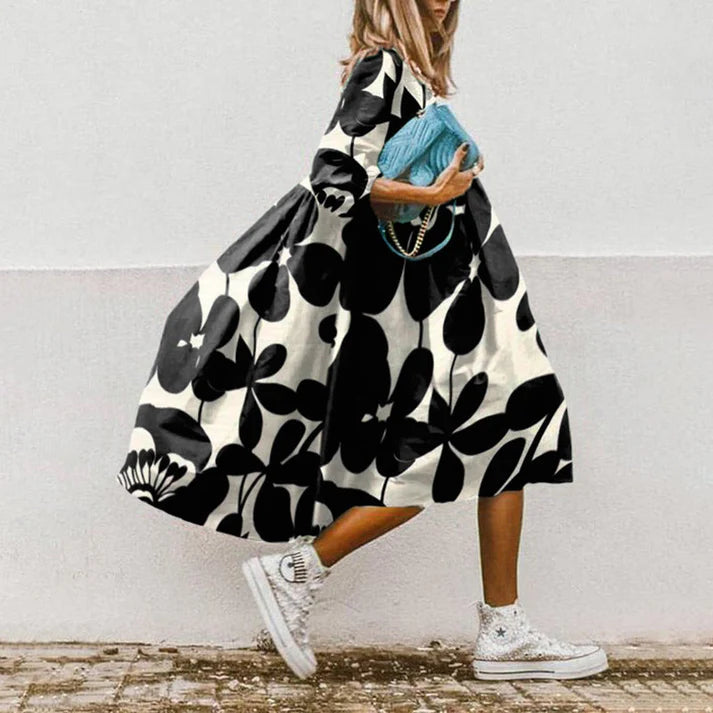 Dress Cream With Black Leaf Silhouette Print