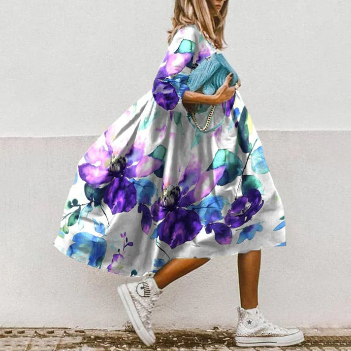 Dress Cream With Watercolor Iris Print