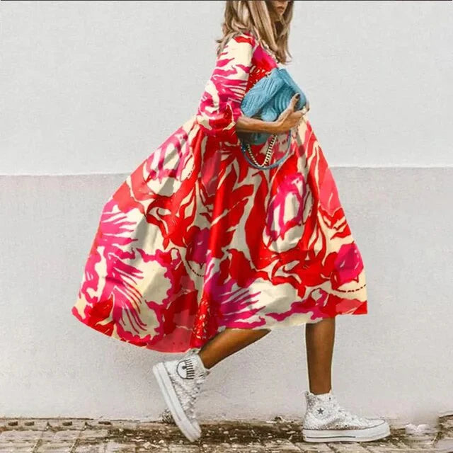 Dress Red With Abstract Leaf Print
