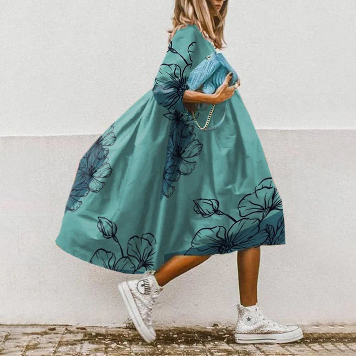 Dress Teal With Line Drawing Floral Print
