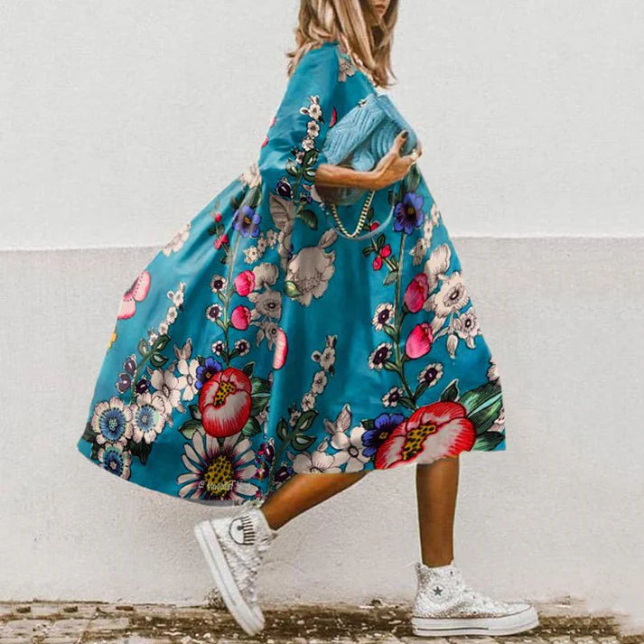 Dress Teal With Vintage Botanical Print