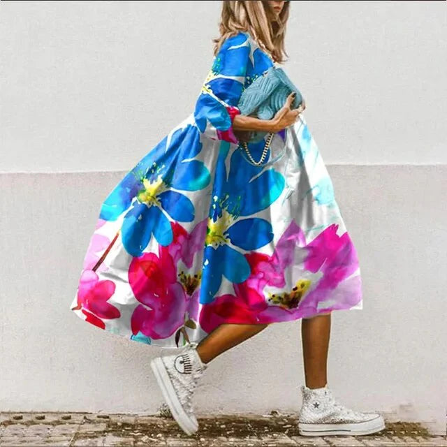 Dress White With Blue & Pink Floral Print