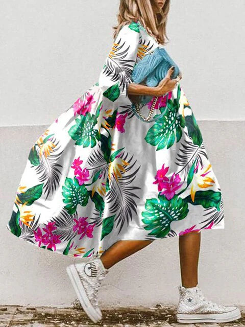 Dress White With Tropical Leaf Floral Print