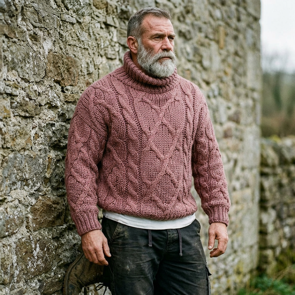 Dusty Rose Chunky Aran Cable Knit Turtleneck