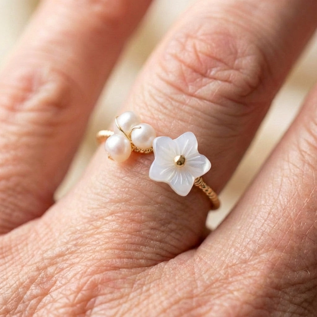 Elegant Adjustable Gold Wire Wrap Pearl & Flower Ring