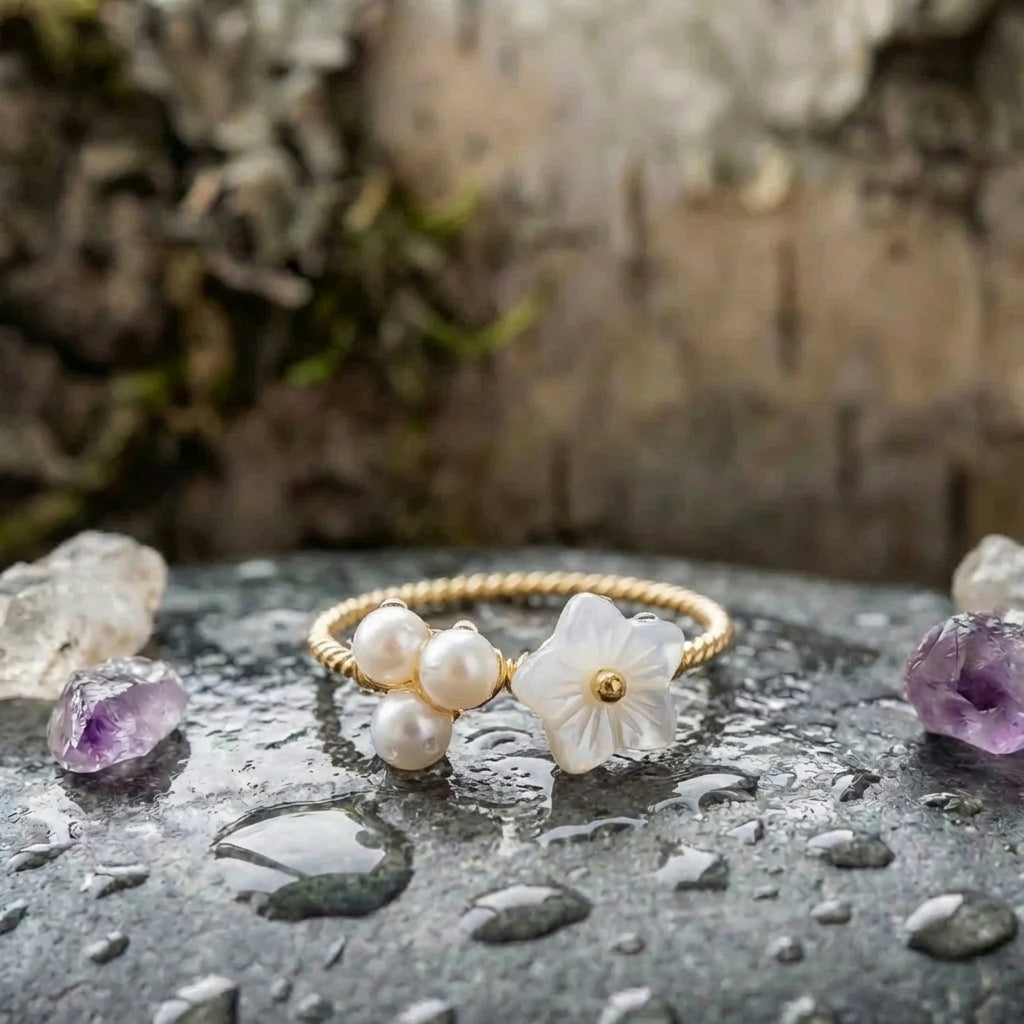 Elegant Adjustable Gold Wire Wrap Pearl & Flower Ring