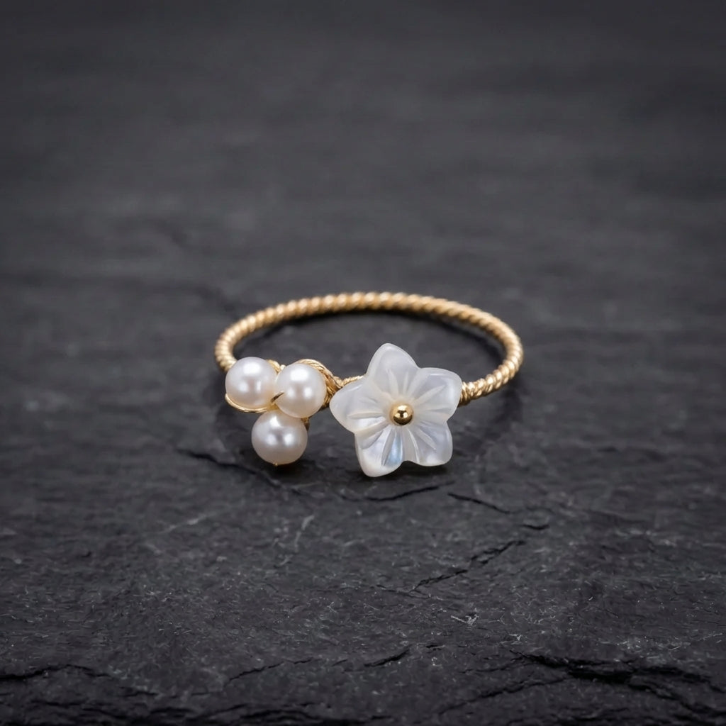 Elegant Adjustable Gold Wire Wrap Pearl & Flower Ring