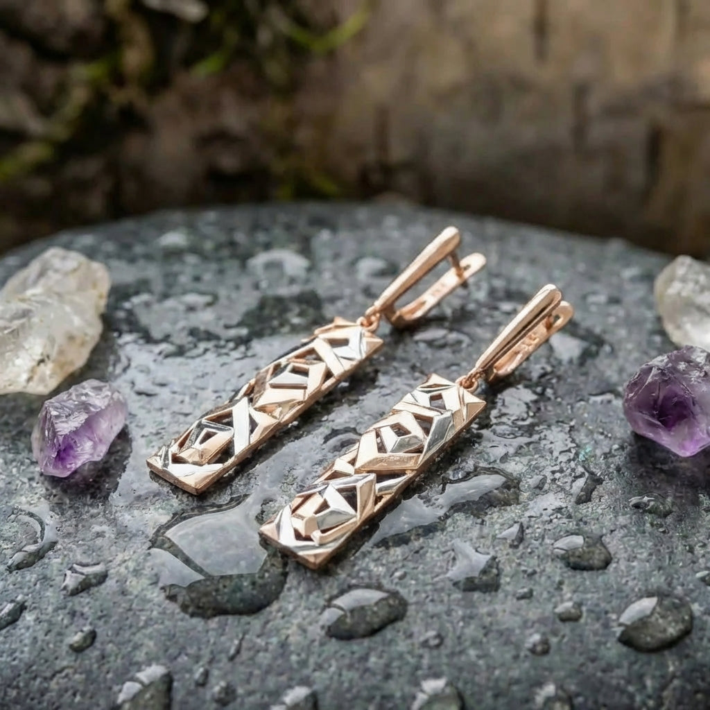 Elegant Geometric Rose Gold & Silver Bar Dangle