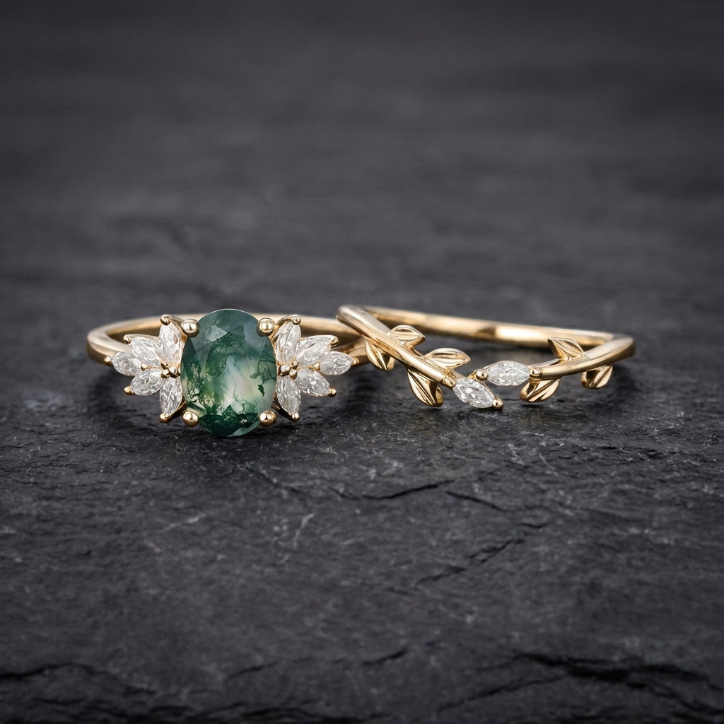 Elegant Moss Agate Ring Set 28938977