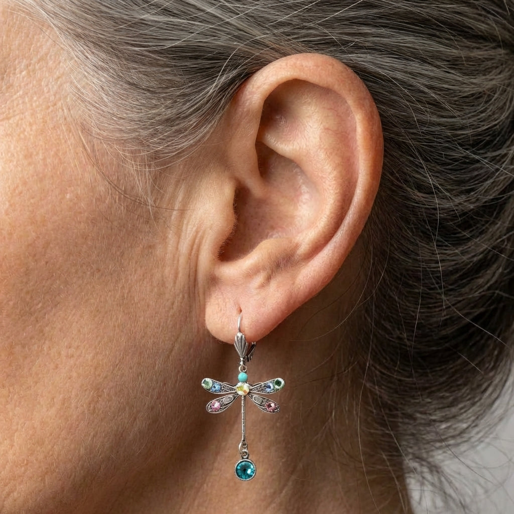 Elegant Multicolor Crystal Dragonfly Drop Earrings