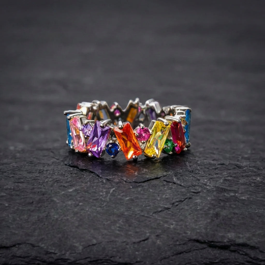 Elegant Rainbow Baguette Eternity Band Ring