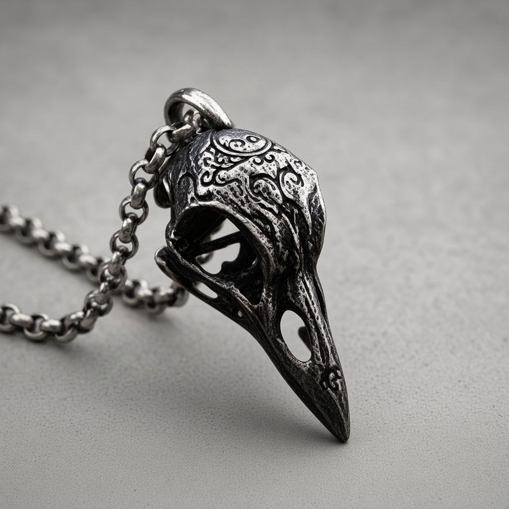 Carved Raven Skull Necklace