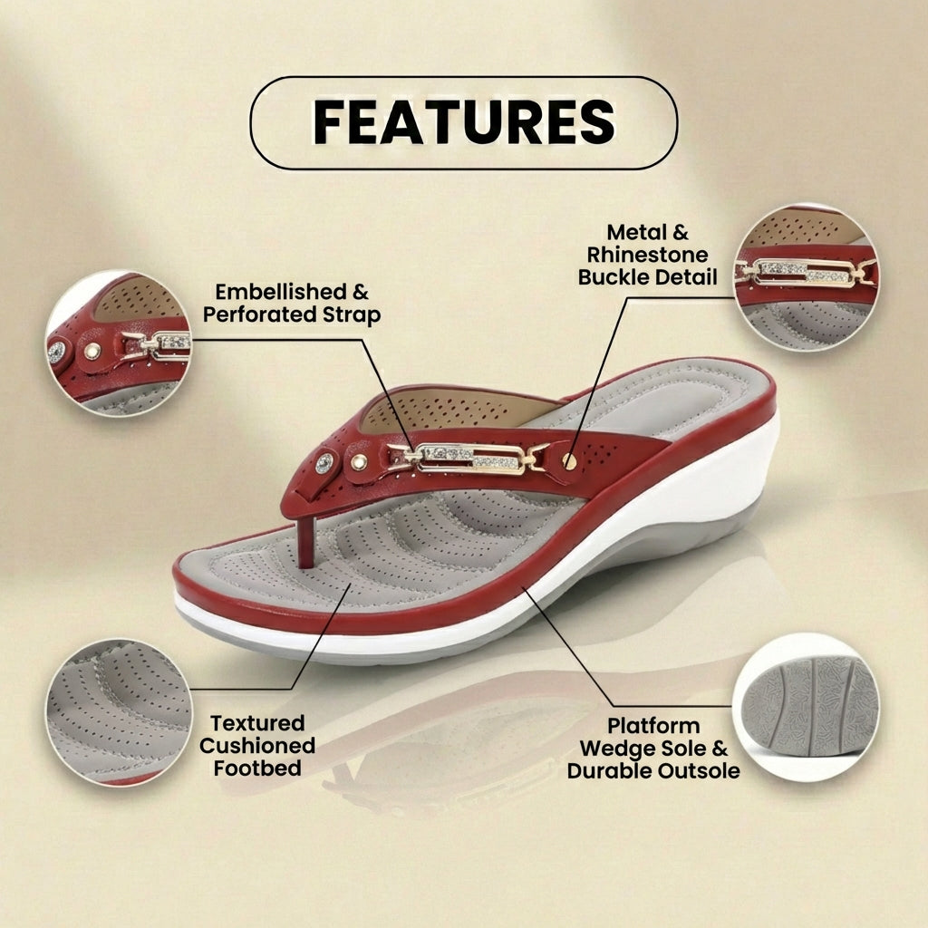 Orthopedic Embellished Wedge Thong Sandals - Rhinestone & Metal Hardware