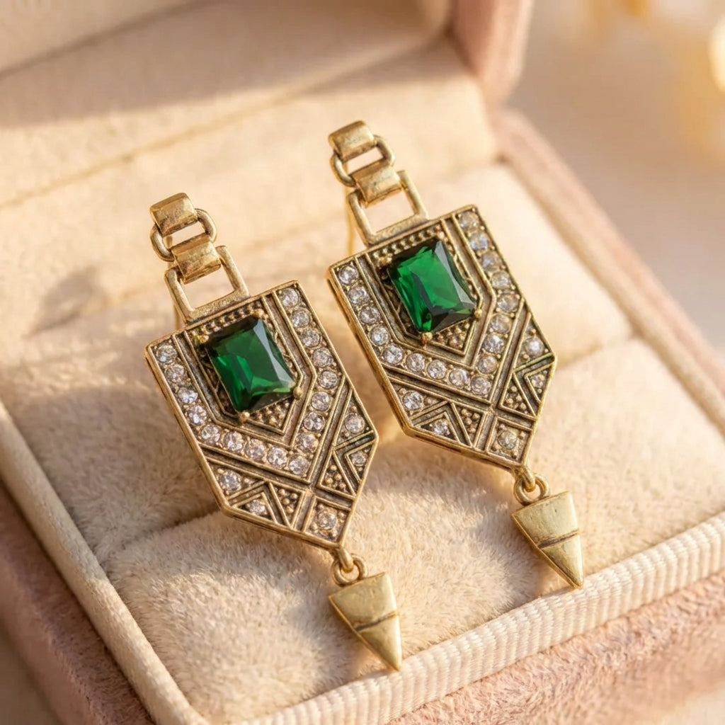 Vintage Gold & Green Geometric Earrings