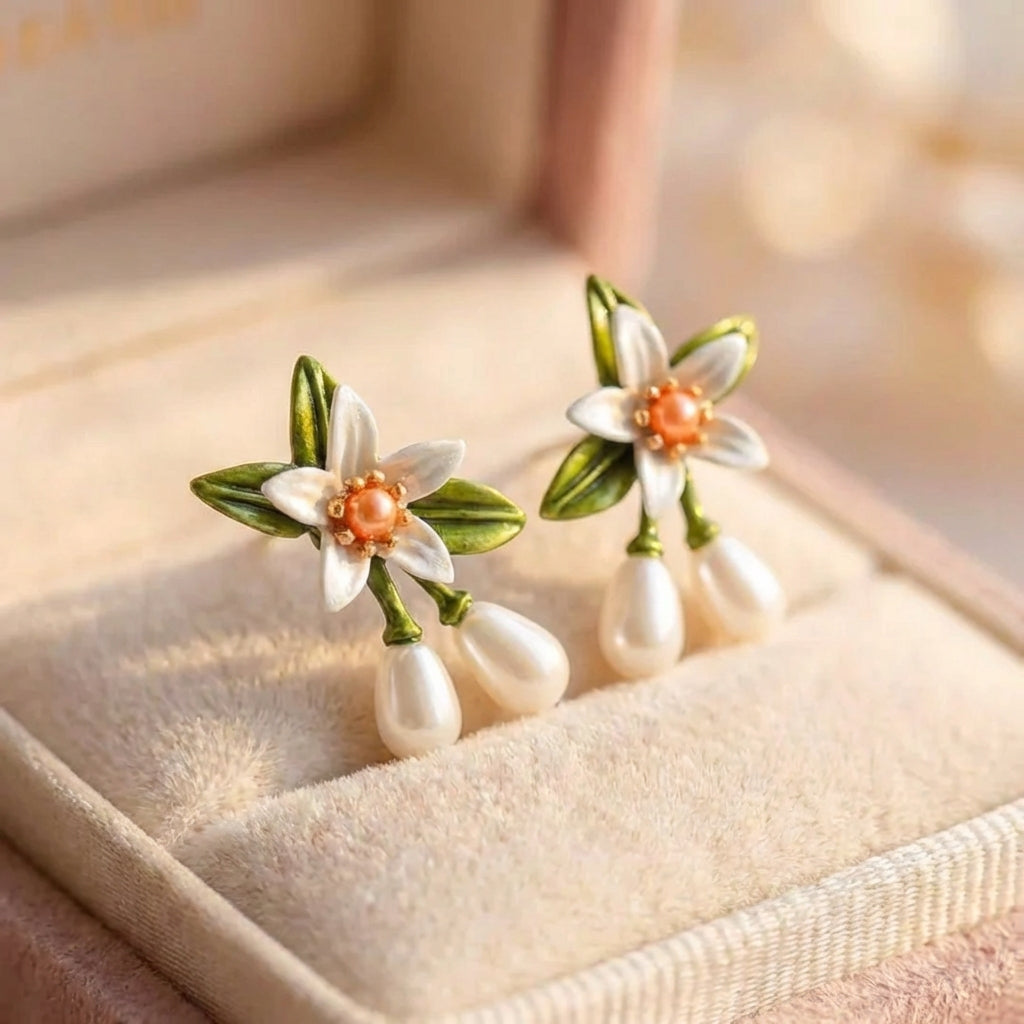 White Flower Pearl Drop Earrings