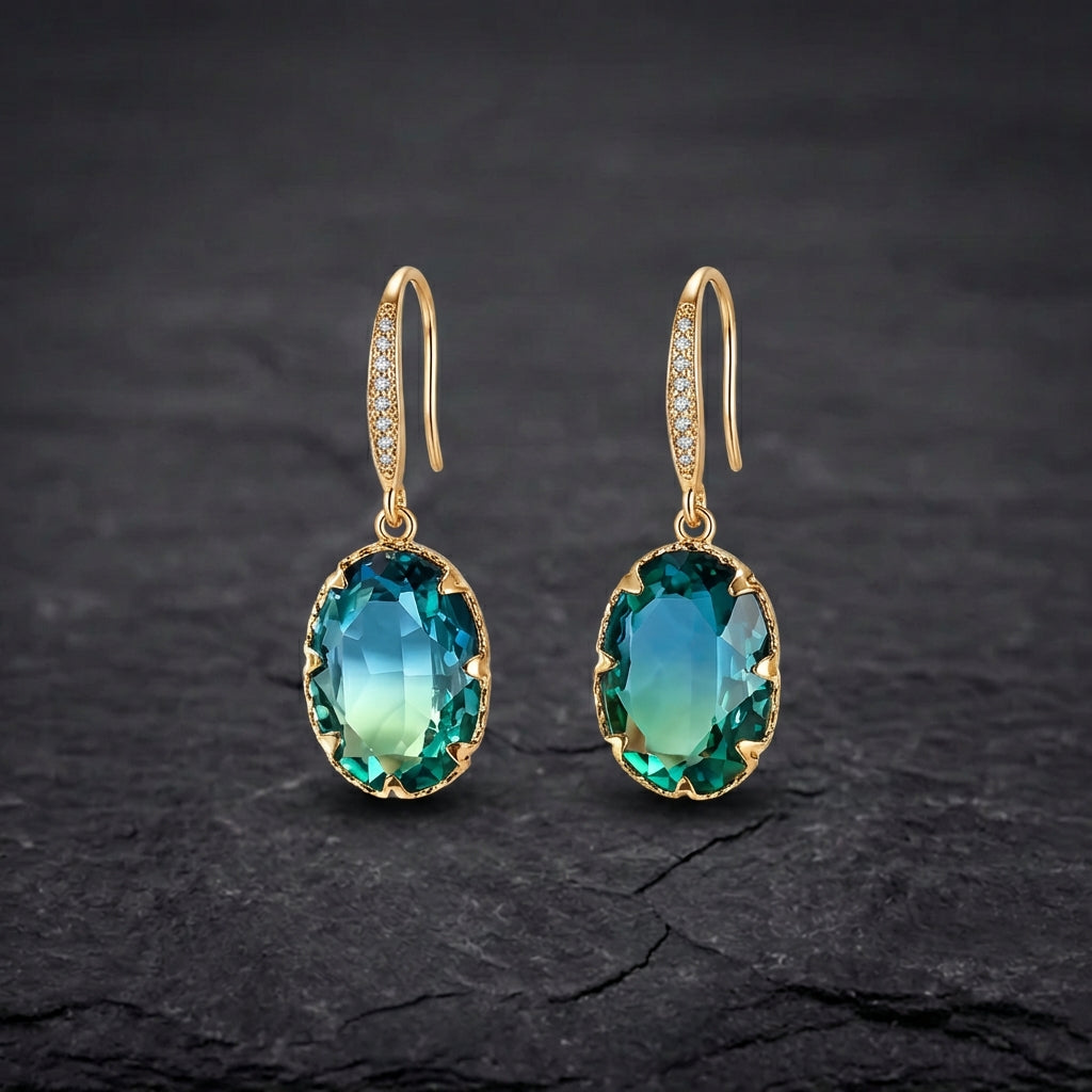 Exquisite Oval Inlaid With Blue Green Zircon Earrings
