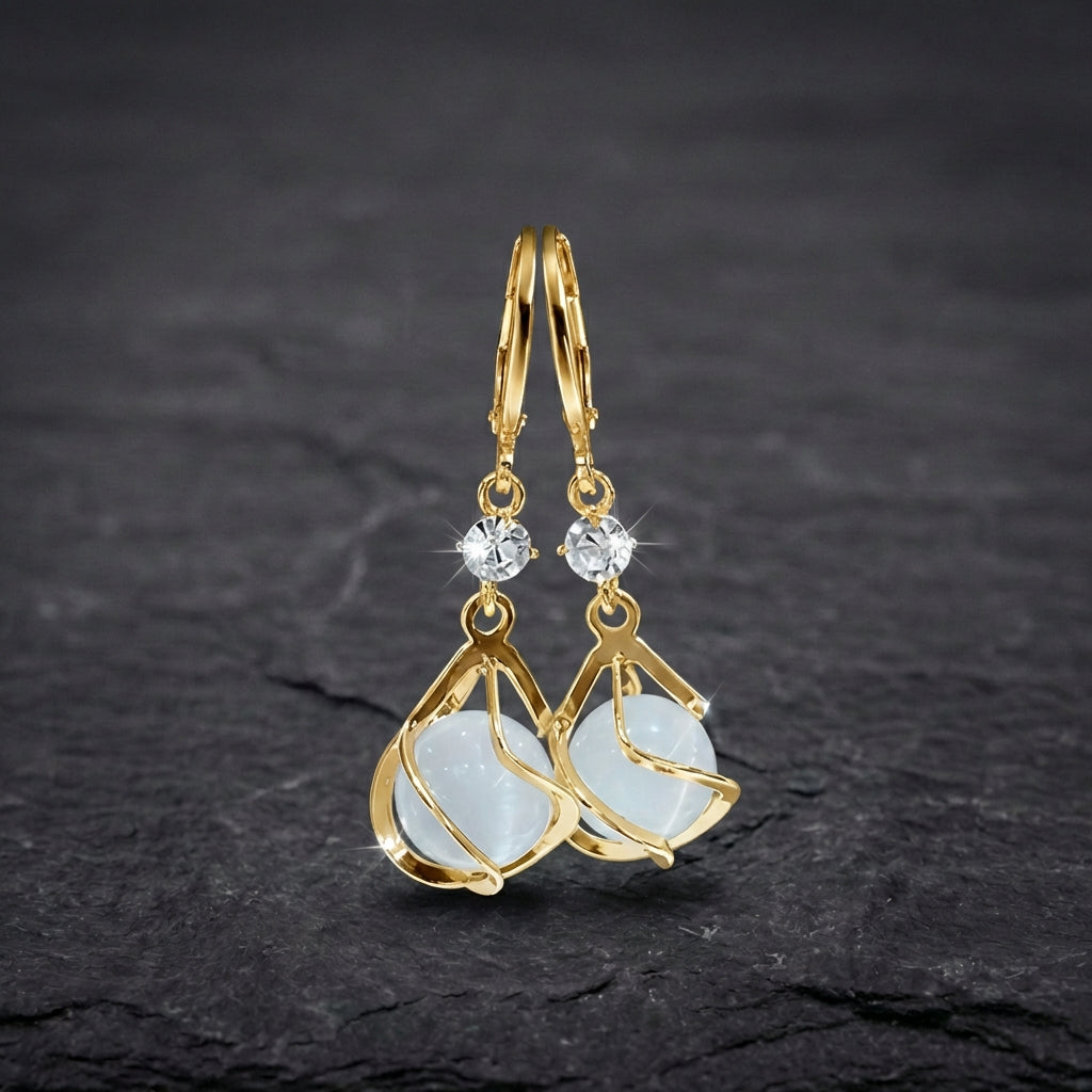 Vintage White Opal Dangling Golden Earrings