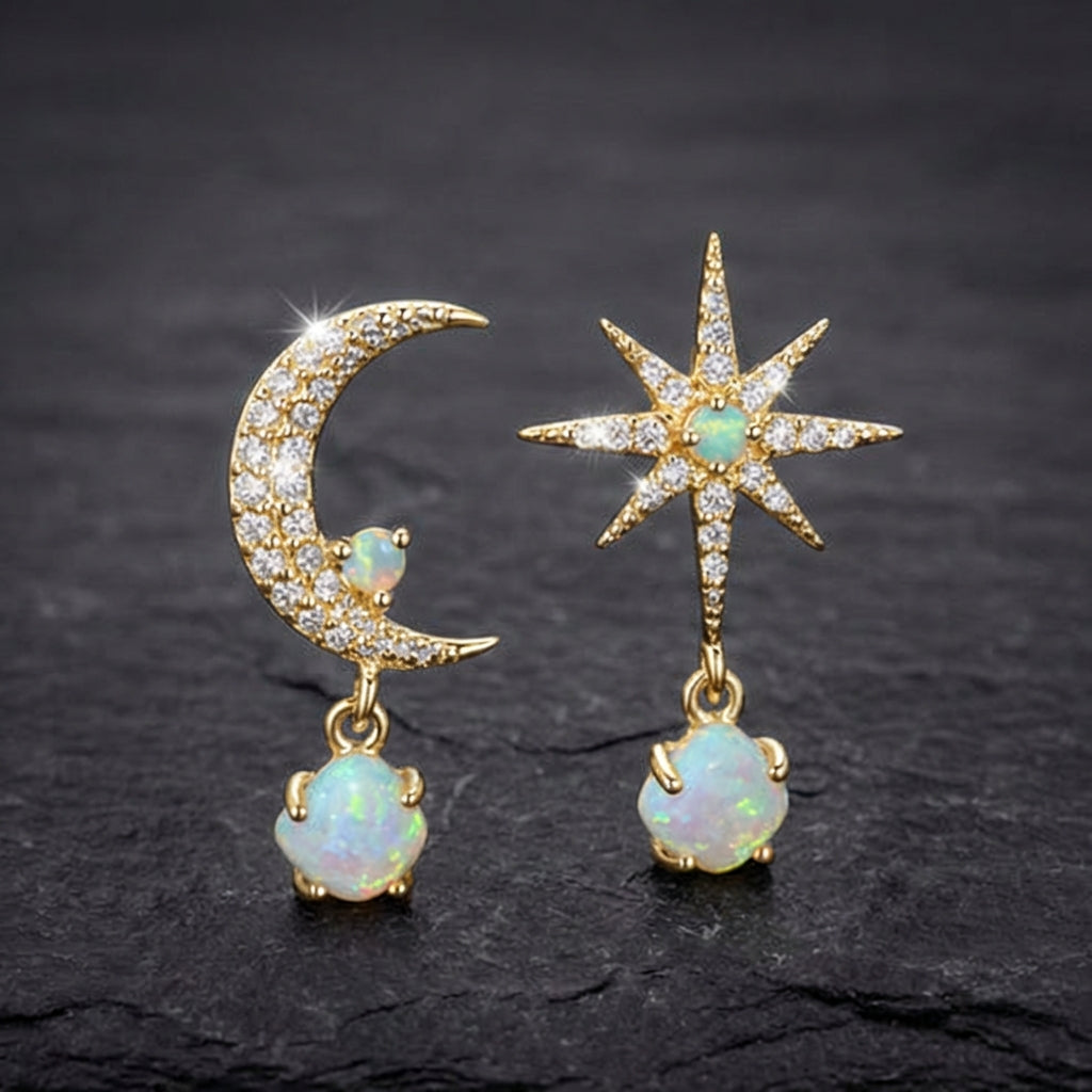 Moon And Star Earrings Made Of Gold And Opal