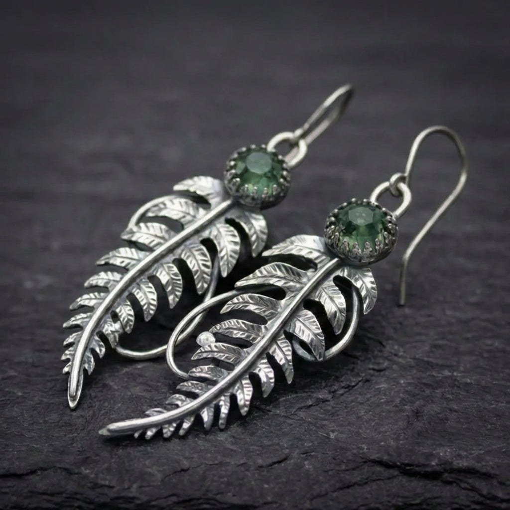 Vintage Feather Green Stone Earrings 66952636